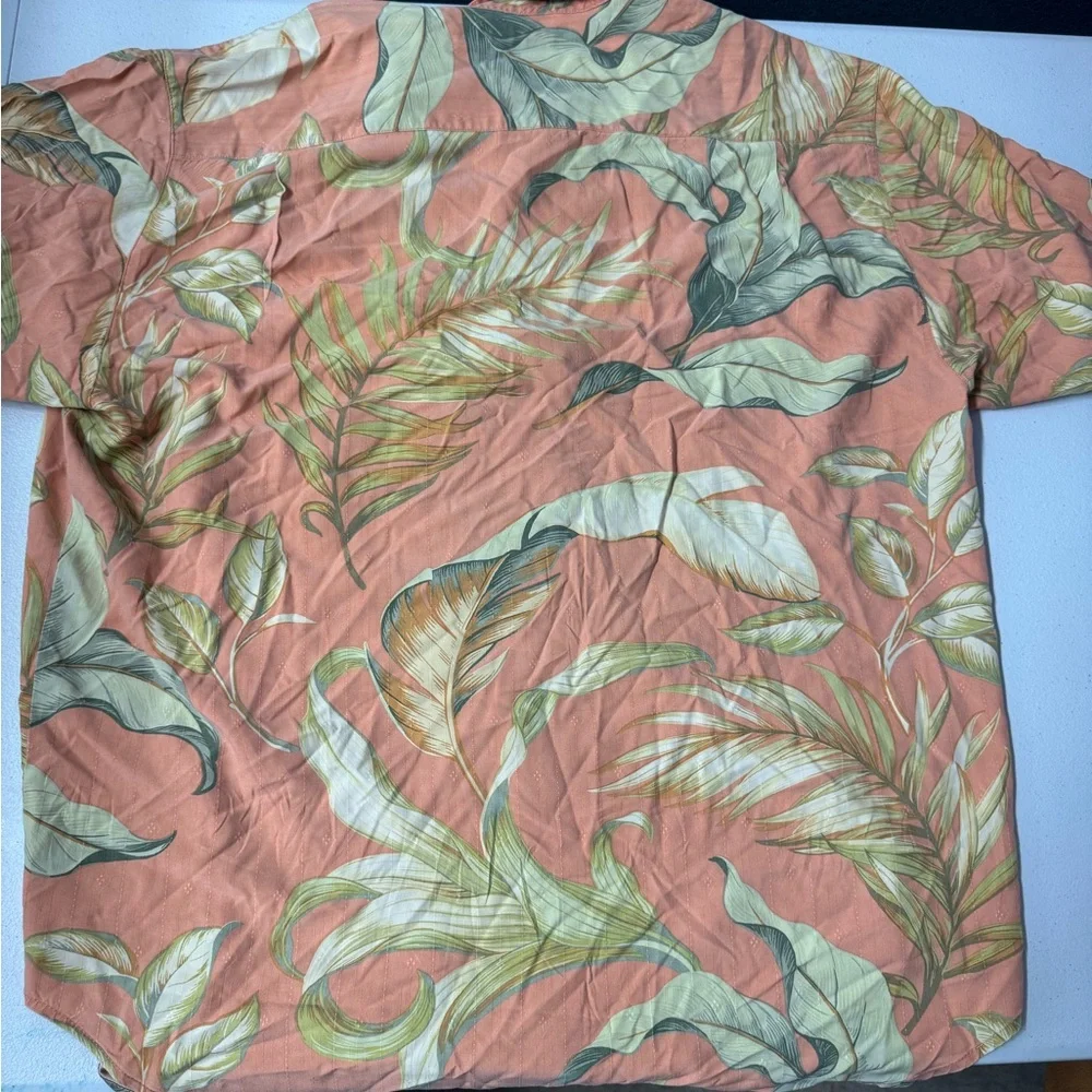 Vintage Tommy Bahama Coral and Green Leaf Shirt - Picture 3 of 5